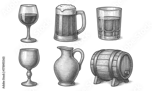 Vintage hand drawn beverage collection with glasses, mug, jug, and barrel