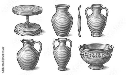 Vintage pottery collection: engraved ceramic vases and bowls with sculpting tool