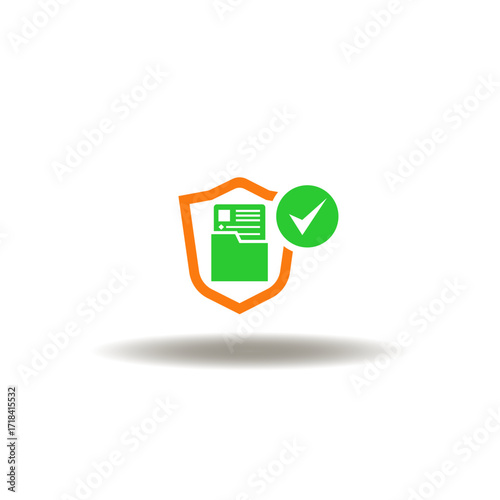 Vector illustration of shield with directory and list document with check mark. Symbol of penetration test. Icon of data protected.