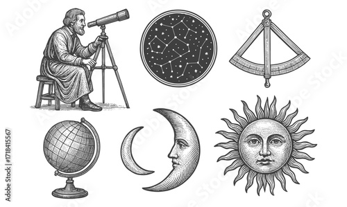 Vintage astronomy set: sun, moon, telescope, and celestial instruments