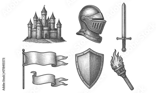 Medieval heraldry set: castle, armor, sword, and torch in vintage style