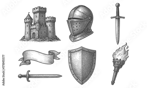 Medieval elements set: castle, helmet, sword, shield, banner, torch in vintage style