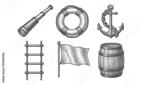 Nautical hand drawn set featuring telescope, lifebuoy, anchor, rope ladder, flag, and barrel