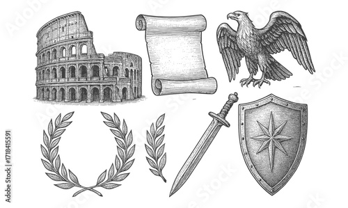Antique roman collection: coliseum, scroll, eagle, laurel, sword, shield