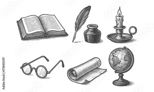 Vintage literary objects collection with quill, globe, candle, and more