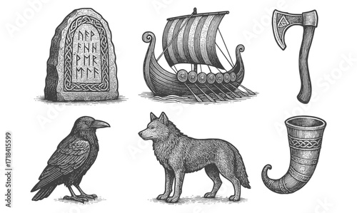 Vintage norse artifacts: viking ship, rune stone, weaponry, and animals