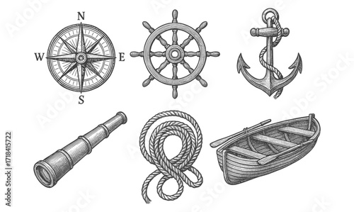 Nautical vintage set with compass, anchor, and boat in engraved style