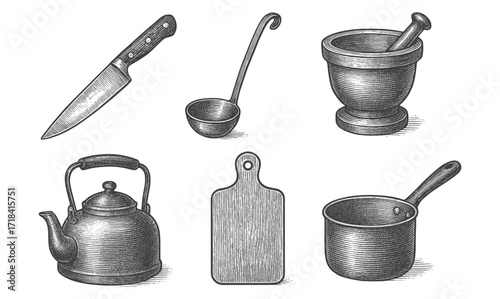 Vintage culinary tools: knife, ladle, kettle, cutting board, pot, mortar
