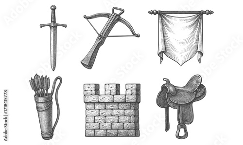 Medieval objects collection: sword, crossbow, banner, and castle elements in retro style