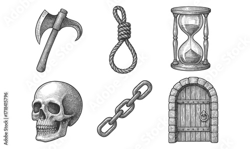 Vintage medieval elements: axe, skull, rope, hourglass, chain, door