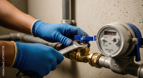 Plumber adjusting water meter valve with wrench.  Professional plumber in blue gloves working on water supply system.  High-quality image for plumbing company website or brochure,