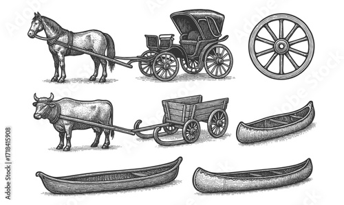 Vintage transport collection: carriages, canoes, and carts in detailed engraving style