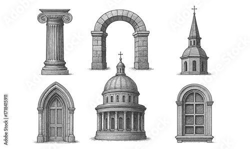 Detailed engraving of classical architecture elements with vintage style