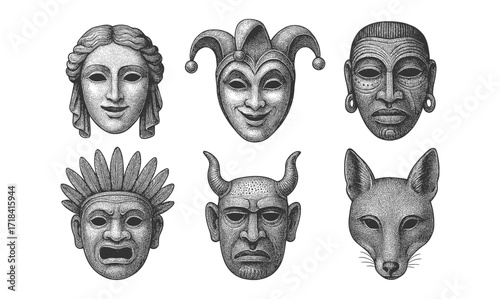 Intricate collection of vintage masks in black and white engraving style
