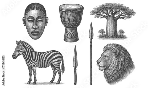 Vintage african art collection with tribal mask, musical instrument, and iconic wildlife