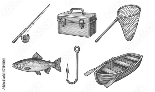 Vintage fishing elements including rod, tackle box, and rowboat in engraved style