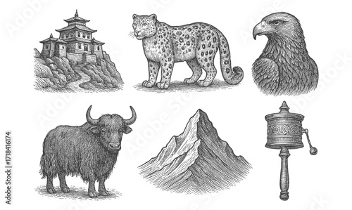 Intricate hand-drawn himalayan wildlife and culture elements in vintage style