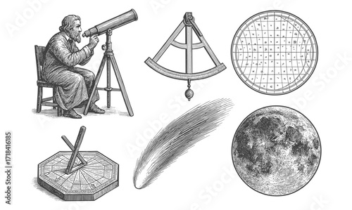 Vintage astronomy elements collection featuring telescope, sextant, and celestial bodies