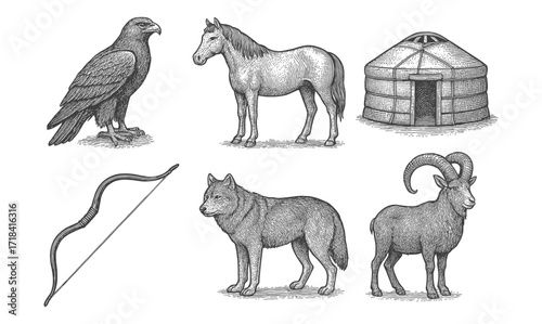 Vintage etching of mongolian culture: animals, yurt, bow