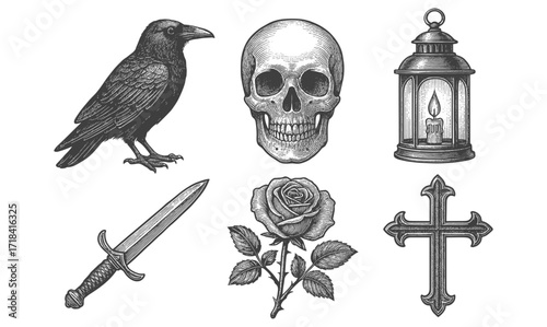 Vintage gothic elements: skull, raven, rose, cross, lantern, dagger