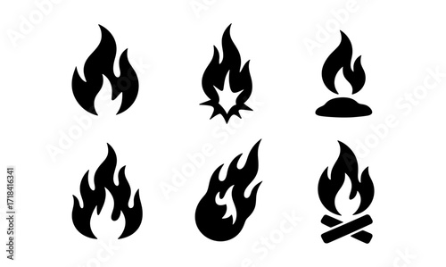 Collection of bold fire icons in black silhouette style for design projects