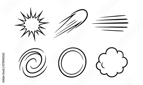Dynamic comic style line art set with speed and burst effects
