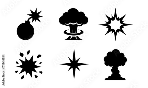 Explosive silhouette icons: bomb and burst symbols in black and white