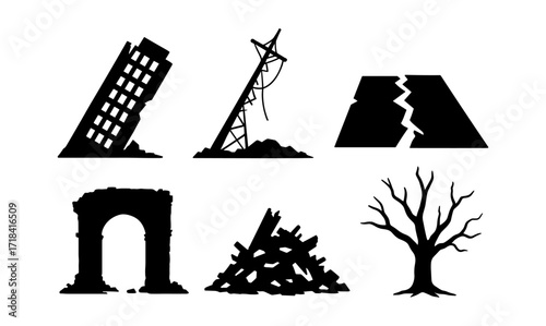 Silhouette icons of disaster landscapes: buildings, trees, and ruins