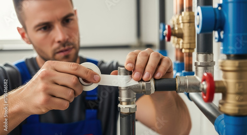 Plumber repairing pipes with Teflon tape. Professional plumber uses Teflon tape to seal pipe joints. Image shows skilled worker using Teflon tape for plumbing repair.