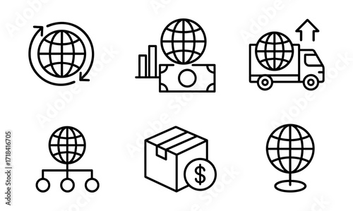 Global trade icons: linear style illustrations of commerce and shipping concepts