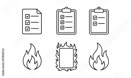Checklist and fire icons collection: minimalist line art design for task management