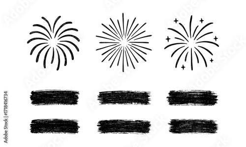 Hand-drawn fireworks and brush strokes set for creative designs