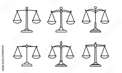 Set of minimalist linear balance scales icons in black and white