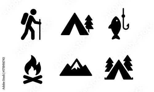 Outdoor adventure icons: hiking, camping, fishing, and nature symbols