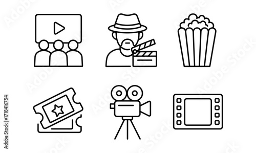 Cinema icon set featuring director, popcorn, and movie elements in linear style