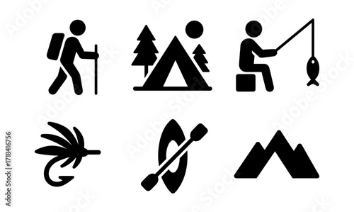 Outdoor adventure icons: hiking, camping, fishing, kayaking, and mountain exploration