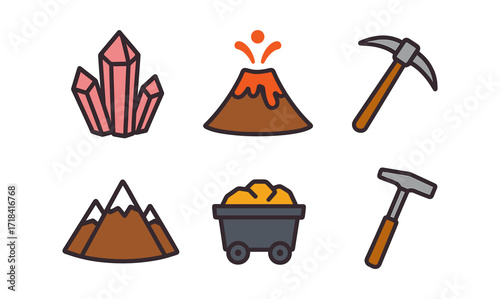 Flat mining and geology icons: volcano, crystal, mountain, and tools