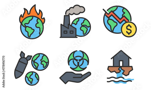 Global environmental challenges: climate impact icons in modern design