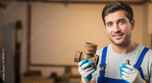 Smiling plumber holding pipe fitting, presenting construction equipment for plumbing services. Confident plumber shows metallic pipe fitting, holding plumbing equipment.