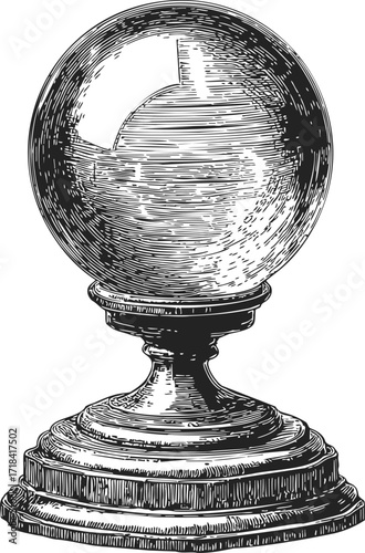 Crystal ball sketch, hand drawn style, ornate stand, vintage fortune telling object — stock vector
