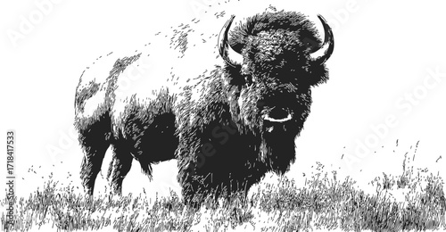Bison sketch hand drawn in grassland with detailed fur texture — stock vector