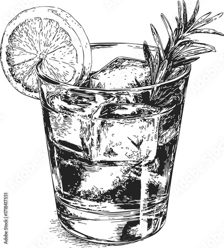 Cocktail glass sketch with ice, lemon slice, and rosemary garnish — stock vector