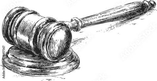 Gavel sketch hand drawn style on sound block, detailed courtroom symbol of justice and authority — stock vector