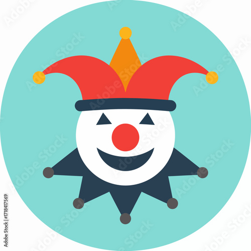 A whimsical and iconic illustration of a classic jester's face, complete with a pointy hat and cheerful expression, evoking a sense of fun and entertainment