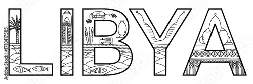 Libya Typography Vector Illustration with Cultural Landmarks, Desert Landscapes, Palms, and Traditional Patterns – Black Outline Art
