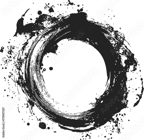 Black ink circle sketch hand drawn with grunge splatter and textured brush strokes — stock vector