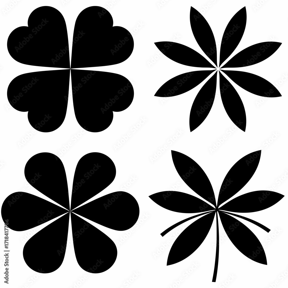 Obraz premium Four Leaf Clover and Flower Silhouettes Vector Graphics