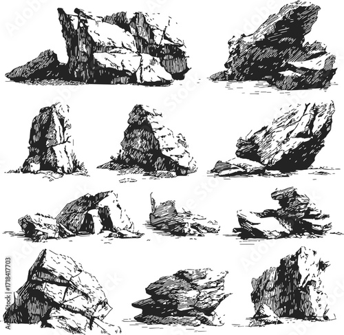 Rock formations sketch hand drawn set of rugged boulders and cliffs — stock vector