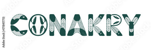 Conakry City Name Typography with African Tribal Pattern Vector, Green Decorative Letters for Guinea Design, Transparent Background