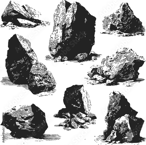 Rocks sketch hand drawn set, detailed boulders and stones illustration — stock vector